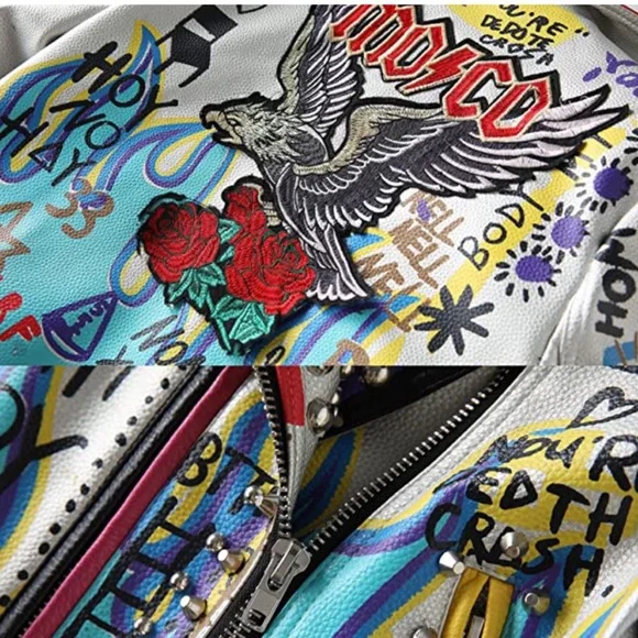 ❌SOLD❌ NWT Graffiti Punk, Rock & Roll Multi Color Graphic Spike & Rivet Moto,XL - Picture 13 of 16